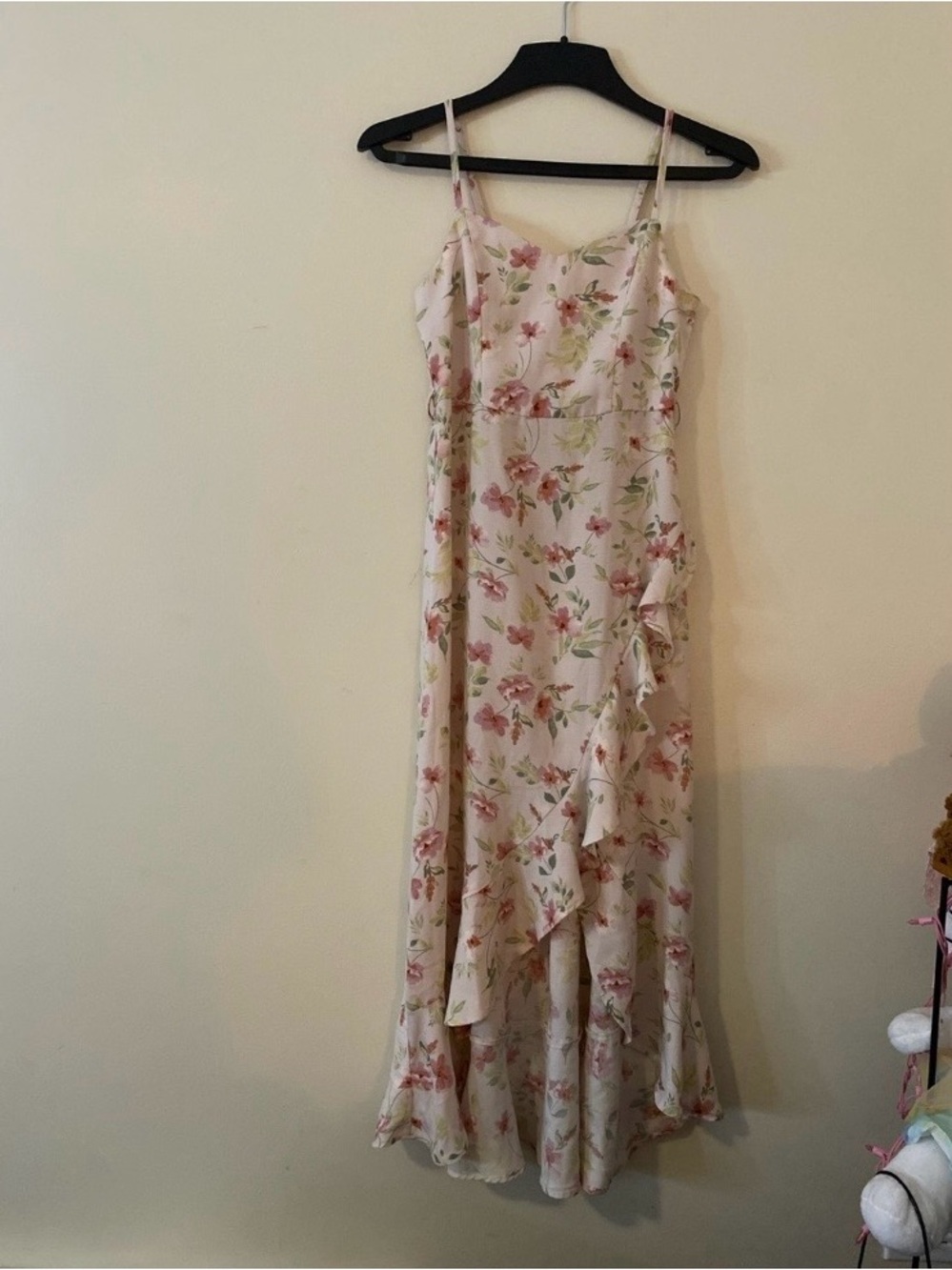 Autumn Pink Rose Cream Floral Maxi Slip Dress with Ruffle Detail